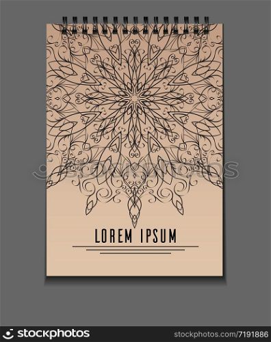 Template notebook on springs with freehand mandala and place for text. Vector element for your design. Template notebook on springs with freehand mandala and place for