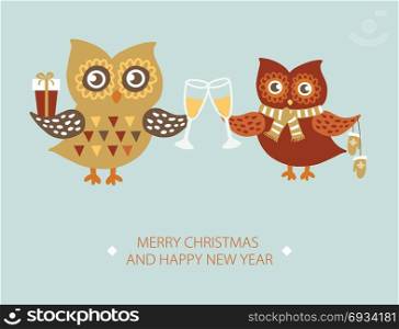 Template of Christmas card with couple of owls. Template of Christmas Holiday Greeting card with couple of cute owls in holding present boxes and champagne glasses. Vector illustration isolated on white