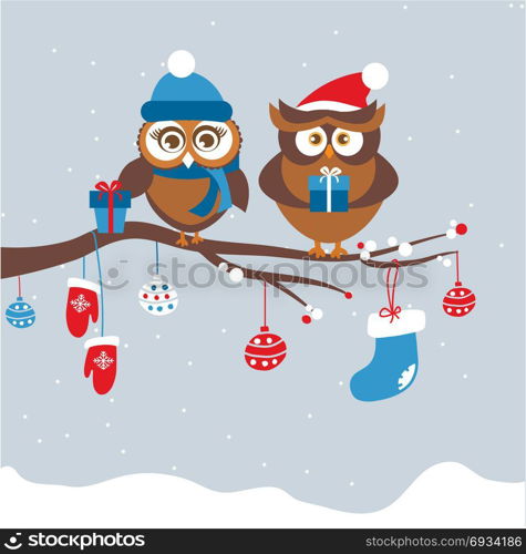 Template of Christmas card with couple of owls. Template of Christmas Holiday Greeting card with couple of cute owls in winter hats holding present boxes. Birds sitting on the tree branch. Vector illustration for Christmas and New year design