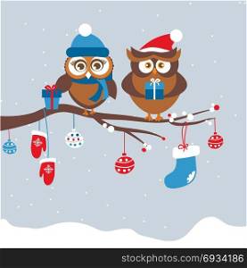 Template of Christmas card with couple of owls. Template of Christmas Holiday Greeting card with couple of cute owls in winter hats holding present boxes. Birds sitting on the tree branch. Vector illustration for Christmas and New year design