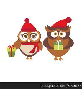 Template of Christmas card with couple of owls. Template of Christmas Holiday Greeting card with couple of cute owls in red winter hats holding present boxes. Vector illustration isolated on white
