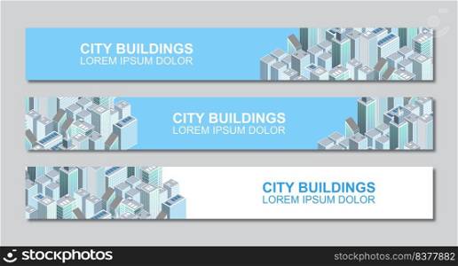 Template of isometric city buildings banner design with space for text. Modern third banner template design. Colorful thirds set template vector. Vector illustration
