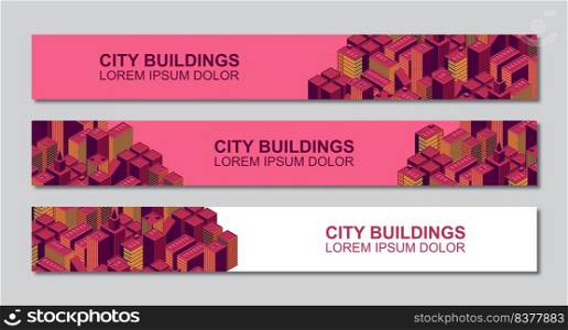 Template of isometric city buildings banner design with space for text. Modern third banner template design. Colorful thirds set template vector. Vector illustration