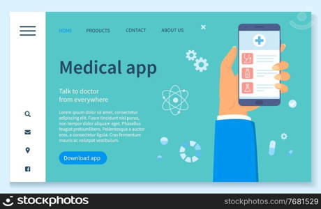 Template of landing page medical website. Online consultation with doctor. Hand holding phone with medical app. Remote medical consultation. Virtual medicine and online diagnostic. Distance medicine. Template of medical website, talk to doctor from everywhere, medical app, distance medicine