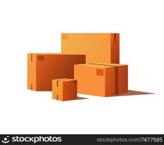 Template of shopping packages packed by adhesive tape, vector isolated big and small boxes. Wholesale of goods, pile of parcels in warehouse vector. Template of Shopping Packages Packs, Adhesive Tape