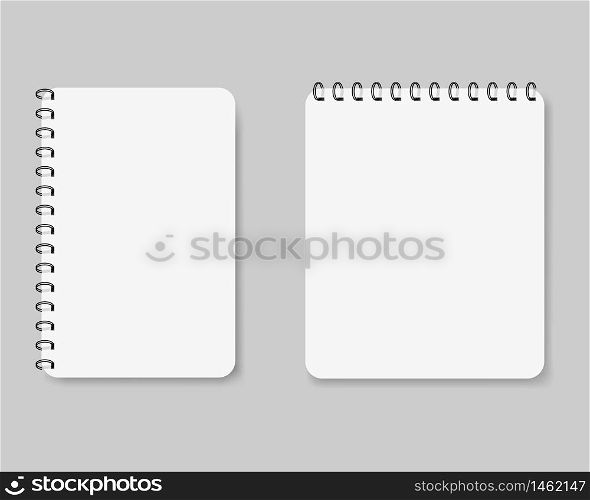 Template of spiral paper notebook for note. Mockup notepad with metal binder. Realistic empty diary, copybook for school, writting memo. Office stationery items. Worksheet cover. vector isolated eps10. Template of spiral paper notebook for note. Mockup notepad with metal binder. Realistic empty diary, copybook for school, writting memo. Office stationery items. Worksheet cover. vector isolated