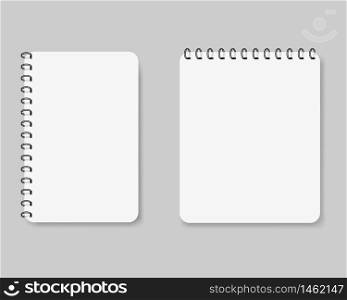 Template of spiral paper notebook for note. Mockup notepad with metal binder. Realistic empty diary, copybook for school, writting memo. Office stationery items. Worksheet cover. vector isolated eps10. Template of spiral paper notebook for note. Mockup notepad with metal binder. Realistic empty diary, copybook for school, writting memo. Office stationery items. Worksheet cover. vector isolated