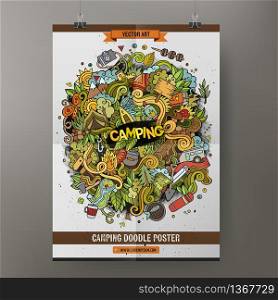 Template poster design with the camping doodles hand drawn illustration.. Cartoon vector hand-drawn camp doodle poster
