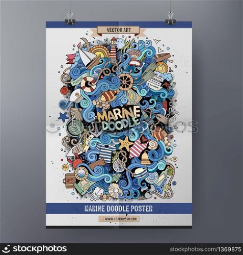 Template poster design with the marine doodles hand drawn illustration.. Cartoon line art vector hand-drawn marine nautical poster