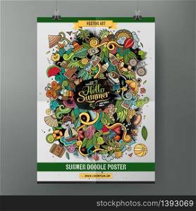 Template poster design with the summer doodles hand drawn illustration.. Cartoon vector doodles summer poster