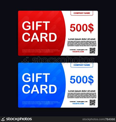 Template red and blue gift card. 500 dollars voucher. Vector stock illustration.