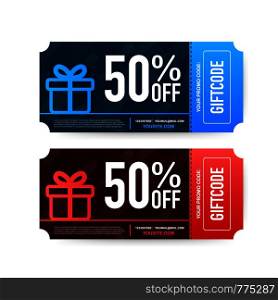 Template red and blue gift card. Promo code. Vector Gift Voucher with Coupon Code. Vector illustration.. Template red and blue gift card. Promo code. Vector Gift Voucher with Coupon Code. Vector stock illustration.