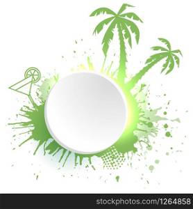 Template round frame with watercolor splashes, palm tree, cocktail and place for text. Icon for summer sales. Template round frame with watercolor splashes, palm tree, cockta