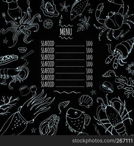 Template seafood menu, great for restaurants, menu, websites.Blackboard background, stock vector illustration. Template seafood menu, great for restaurants, menu, websites