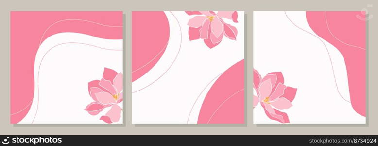 Template Social media set pink  with flower magnolia, layout stories, banner, wedding, brochure, card.