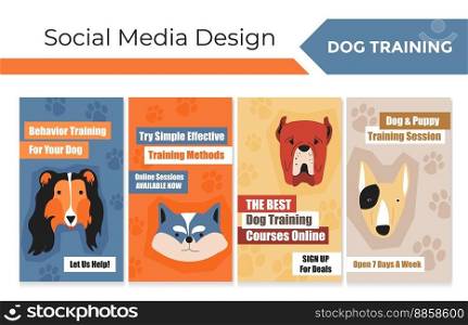 Template social media set with behaviour training ad. Flat dog character at network collection, vector illustration. Online pet study promo, teach command course offer at web page design. Template social media set with behaviour training ad