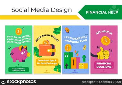 Template social media set with financial app promo. Colorful piggy bank, online wallet, financial plan and decisions elements, vector illustration. Network story collection with bank application. Template social media set with financial app promo