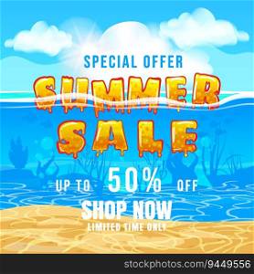 Template Summer Sale poster . Exotic underwater life, fishes, seaweeds, , sun, sky, tropical ocean underwater summer scene. Background for promotional, vector illustration, offer flyer banner. Template Summer Sale poster template. Exotic underwater life, fishes, seaweeds, palms, sun, sky