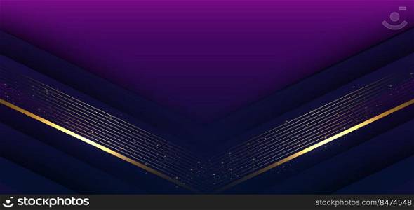 Template triangles purple and dark blue geometric with golden line layer and lighting effect sparkle on dark blue background. Luxury style. Vector illustration