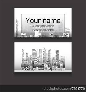 Template two-sided business card with skyscrapers and place for text. Business card for realtors, architects, builders. Template two-sided business card with skyscrapers and place for