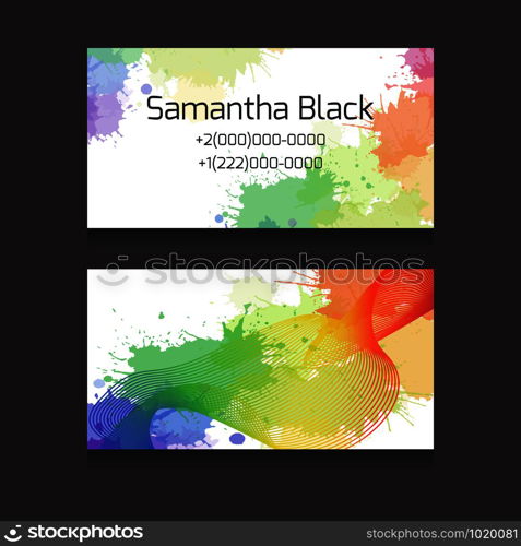 Template two-sided business cards with colorful watercolor splashes and metamorphoses line for your business