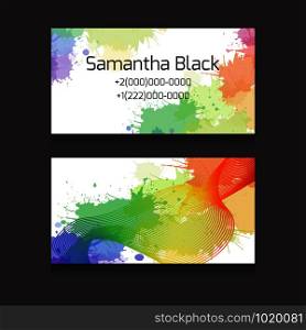 Template two-sided business cards with colorful watercolor splashes and metamorphoses line for your business