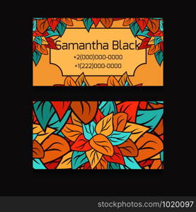 Template two-sided business cards with with colorful leaves and place for text for your business