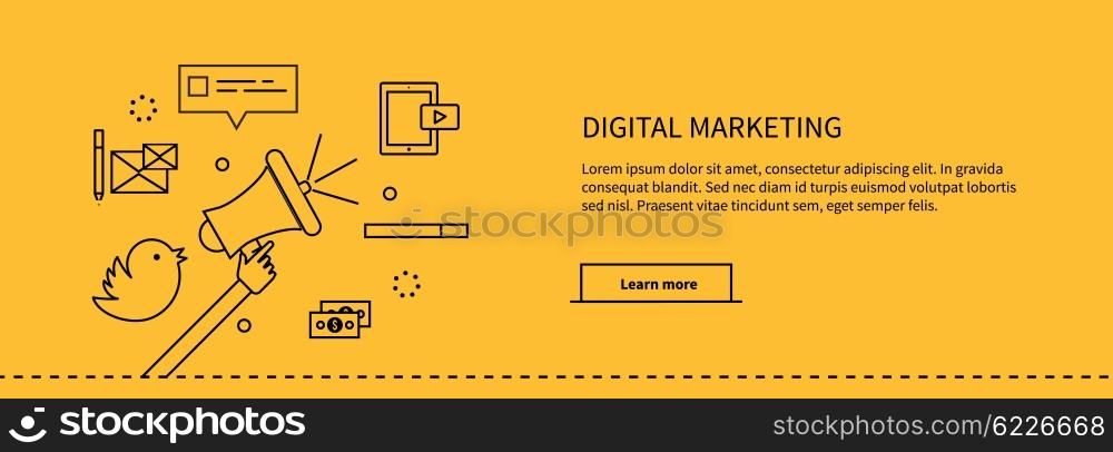 Template Web Page About Digital Marketing. Template web page about digital marketing. Web site page with information about digital marketing. Hand holding a megaphone and around set of icons money and speech bubble. Vector illustration