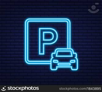 Template with blue parking. Logo, icon, label. Neon icon. Web element. Vector stock illustration. Template with blue parking. Logo, icon, label. Neon icon. Web element. Vector stock illustration.