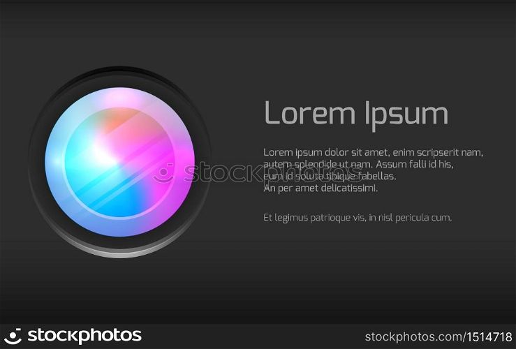 Template with camera lens with multicolored divorces and place for text on dark background. Vector element for cards, banners and your design. Template with camera lens with multicolored divorces and place for text on dark background.