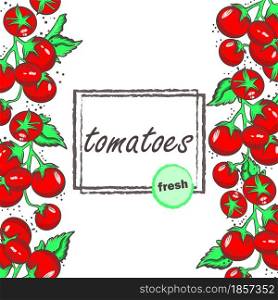 Template with cherry tomatoes vector illustration. Frame with vegetables and lettuce leaves. Vintage background for labels or packaging. Hand engraving.. Template with cherry tomatoes vector illustration.