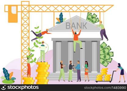 Template with construction tower crane made Bank and money banner. business people and engineering working. Business teamwork and relationship leader. Entrepreneur. concept vector illustration