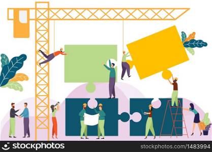 Template with construction tower crane made Jigsaw same business team. business people and engineering working. Business teamwork and relationship leader. Entrepreneur. concept vector illustration