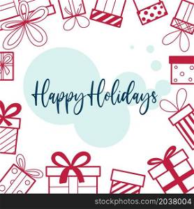 Template with gifts and happy holidays. Square background for congratulations. Gift boxes, holiday vector illustration. Template with gifts and happy holidays
