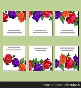 Template with red, blue and orange roses for your design, greeting cards, festive announcements, posters. Set of 6 cards. - Vector. Floral set of templates for your design, greeting cards, festive