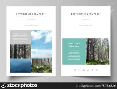 Templates for brochure, magazine, flyer, booklet or annual report. Cover design template, abstract vector layout in A4 size. Colorful background, travel business, natural landscape in polygonal style.. Business templates for brochure, magazine, flyer, booklet or annual report. Cover design template, easy editable vector, abstract flat layout in A4 size. Colorful background made of triangular or hexagonal texture for travel business, natural landscape in polygonal style.