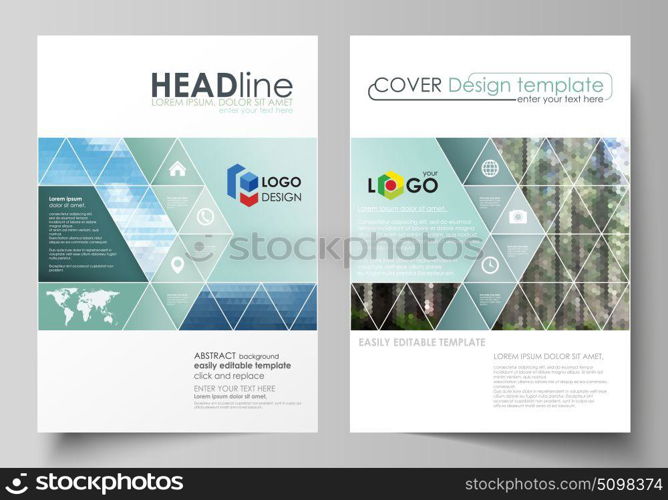 Templates for brochure, magazine, flyer, booklet or annual report. Cover design template, abstract vector layout in A4 size. Colorful background, travel business, natural landscape in polygonal style.. Business templates for brochure, magazine, flyer, booklet or annual report. Cover design template, easy editable vector, abstract flat layout in A4 size. Colorful background made of triangular or hexagonal texture for travel business, natural landscape in polygonal style.