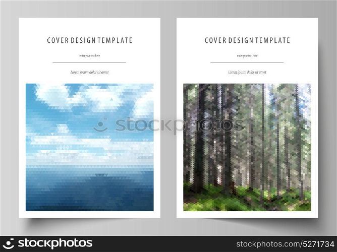 Templates for brochure, magazine, flyer, booklet or annual report. Cover design template, abstract vector layout in A4 size. Colorful background, travel business, natural landscape in polygonal style.. Templates for brochure, magazine, flyer, booklet or annual report. Cover design template, abstract vector layout in A4 size. Colorful background, travel business, natural landscape in polygonal style