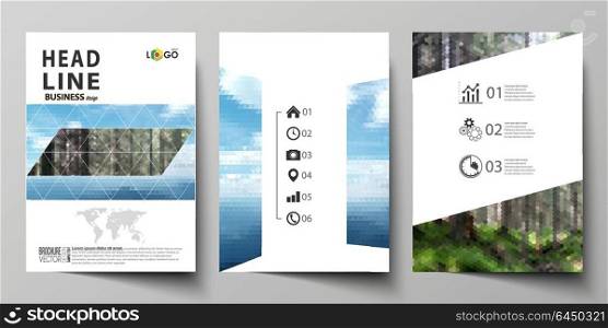 Templates for brochure, magazine, flyer, booklet or annual report. Cover design template, abstract vector layout in A4 size. Colorful background, travel business, natural landscape in polygonal style.. Business templates for brochure, magazine, flyer, booklet or annual report. Cover design template, easy editable vector, abstract flat layout in A4 size. Colorful background made of triangular or hexagonal texture for travel business, natural landscape in polygonal style.