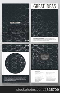 Templates for brochure, magazine, flyer. Cover template, easy editable vector, layout in A4 size. Chemistry 3D pattern, hexagonal molecule structure on black. Motion design. Geometric background
