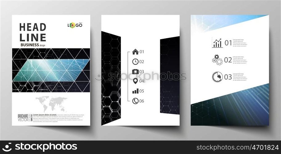 Templates for brochure, magazine, flyer or report. Cover design template, easy editable vector layout in A4 size. Chemistry pattern, hexagonal molecule structure. Medicine and science concept.