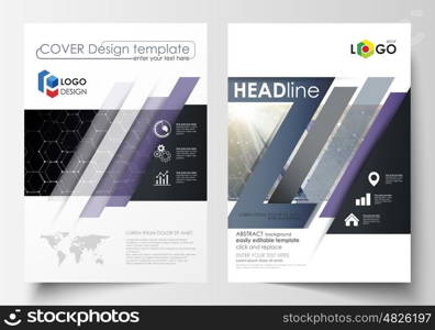 Templates for brochure, magazine, flyer or report. Cover design template, easy editable vector layout in A4 size. Chemistry pattern, hexagonal molecule structure. Medicine and science concept.