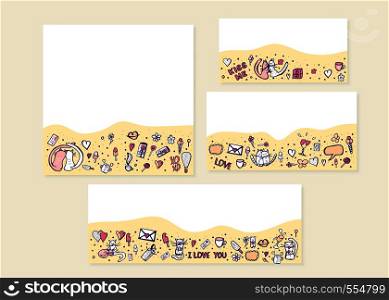 Templates for social media with hand drawn cute love symbols and cats. Backgrounds for online networks with empty space for text message. Vector illustration.