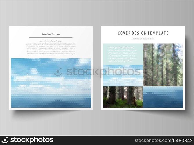 Templates for square design brochure, magazine, flyer, booklet or annual report. Leaflet cover, abstract vector layout. Colorful background, travel business, natural landscape in polygonal style.. Business templates for square design brochure, magazine, flyer, booklet or annual report. Leaflet cover, abstract flat layout, easy editable vector. Colorful background made of triangular or hexagonal texture for travel business, natural landscape in polygonal style.