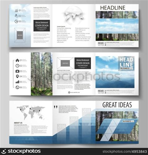 Templates for tri fold square design brochures. Leaflet cover, vector layout. Colorful background made of triangular or hexagonal texture, travel business, natural landscape, polygonal style.. Set of business templates for tri fold square design brochures. Leaflet cover, abstract flat layout, easy editable vector. Colorful background made of triangular or hexagonal texture for travel business, natural landscape in polygonal style.