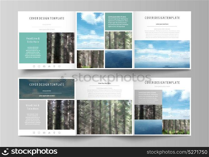 Templates for tri fold square design brochures. Leaflet cover, vector layout. Colorful background made of triangular or hexagonal texture, travel business, natural landscape, polygonal style.. Set of business templates for tri fold square design brochures. Leaflet cover, abstract flat layout, easy editable vector. Colorful background made of triangular or hexagonal texture for travel business, natural landscape in polygonal style.