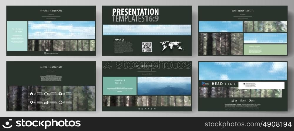 Templates in HD format for presentation slides. Abstract design vector layouts. Colorful background, triangular or hexagonal texture, travel business, natural landscape, polygonal style.. Business templates in HD format for presentation slides. Easy editable abstract vector layouts in flat design. Colorful background made of triangular or hexagonal texture, travel business, natural landscape in polygonal style.