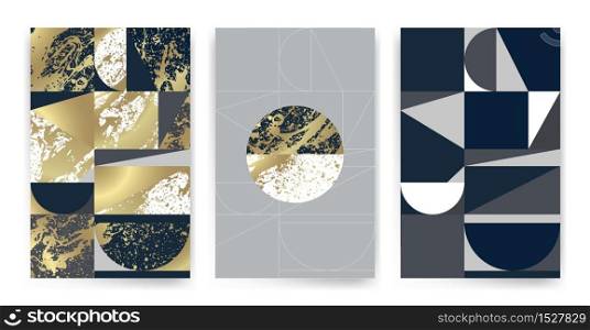 Templates with elegant geometric design. Marble effect texture, golden lines and geometric shapes. Vector pattern design. Suitable for cards, paper, textiles, wrappers, packaging decoration.