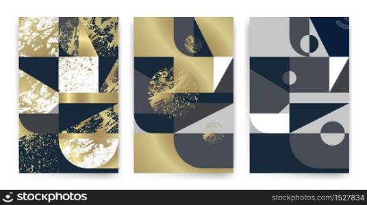 Templates with elegant geometric design. Marble effect texture, golden lines and geometric shapes. Vector pattern design. Suitable for cards, paper, textiles, wrappers, packaging decoration.