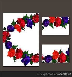 Templates with red and blue roses. Template for your design, greeting cards, festive announcements, posters. - Vector. Floral set of templates for your design, greeting cards, festive